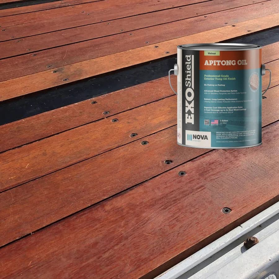 Apitong Oil one-gallon can on a hardwood trailer deck